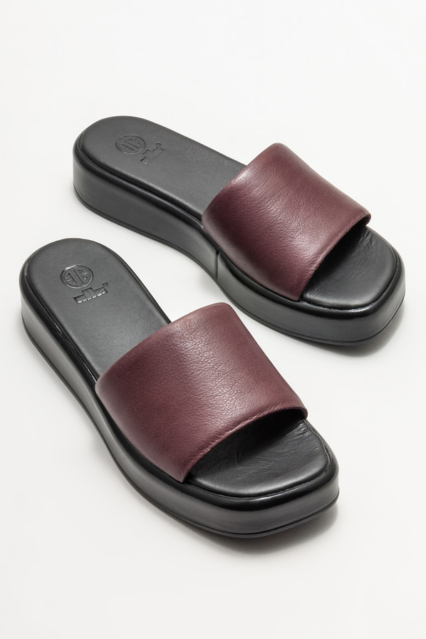 Bordo deri dolgu topuklu kadın terlik - Elle Shoes
