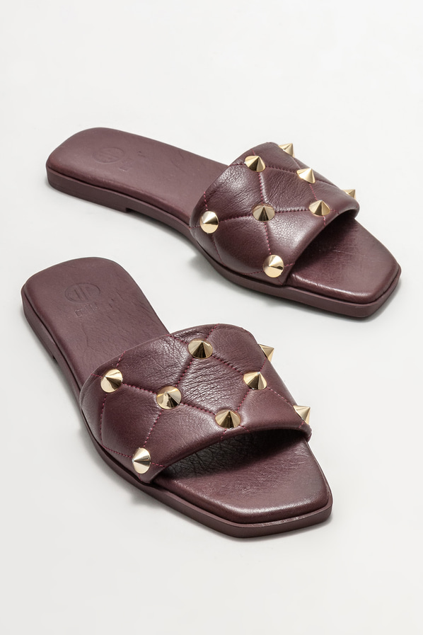 Bordo deri düz kadın terlik - Elle Shoes
