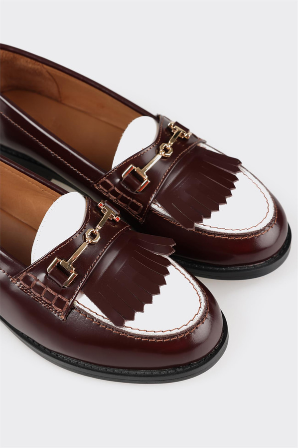 Bordo çok renkli deri püsküllü kadın loafer - Elle Shoes
