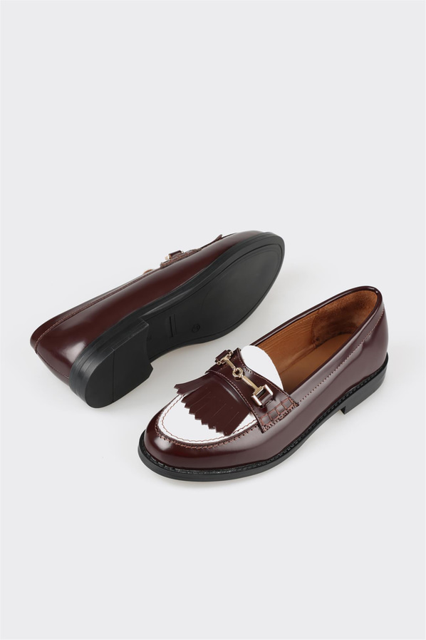 Bordo çok renkli deri püsküllü kadın loafer - Elle Shoes