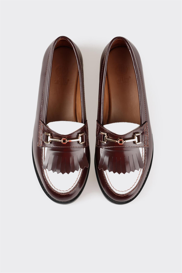 Bordo çok renkli deri püsküllü kadın loafer - Elle Shoes