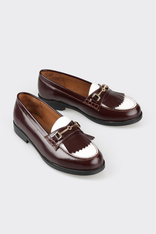 Bordo çok renkli deri püsküllü kadın loafer - Elle Shoes