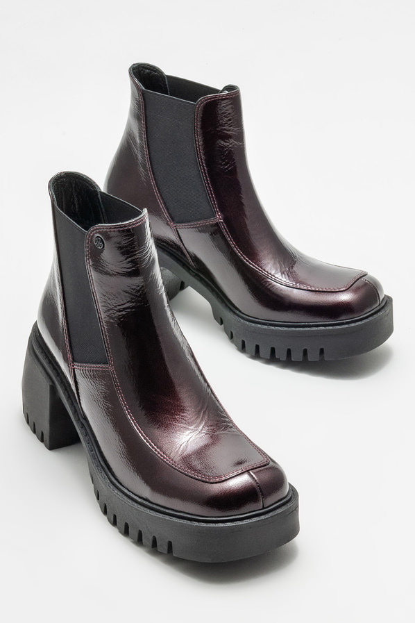 Bordo deri topuklu kadın chelsea bot - Elle Shoes