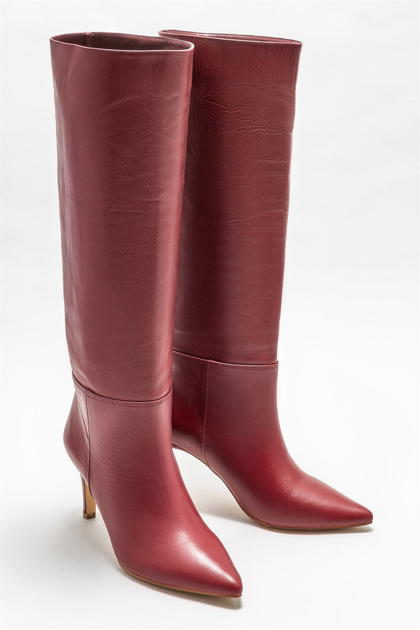 Bordo deri topuklu kadın çizme - Elle Shoes