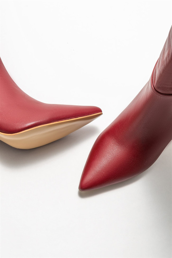 Bordo deri topuklu kadın çizme - Elle Shoes