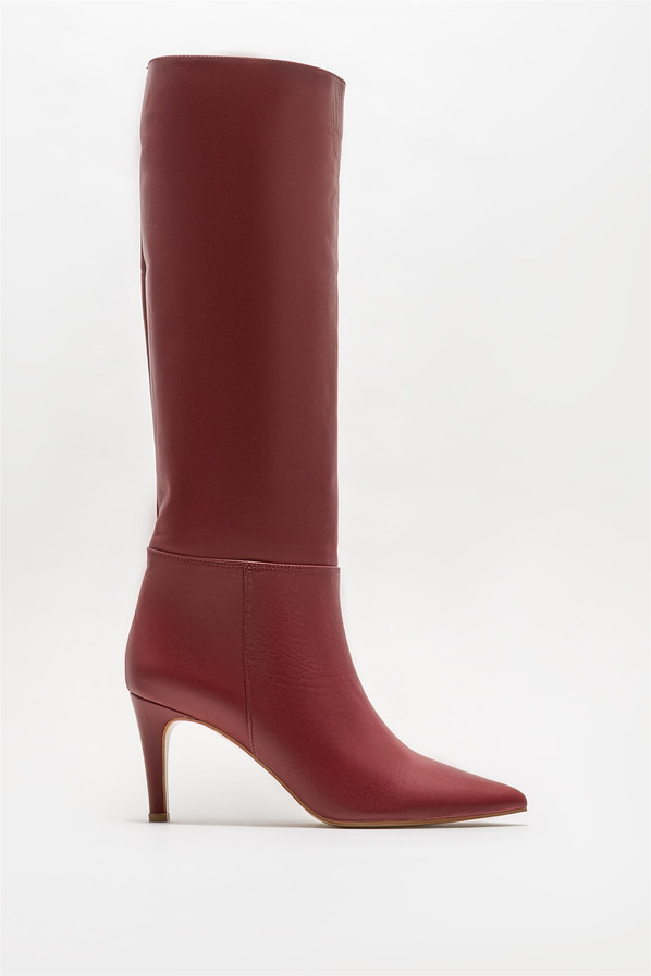 Bordo deri topuklu kadın çizme - Elle Shoes