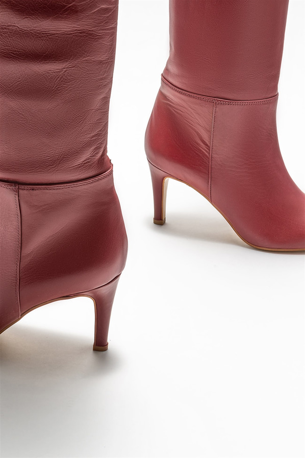Bordo deri topuklu kadın çizme - Elle Shoes