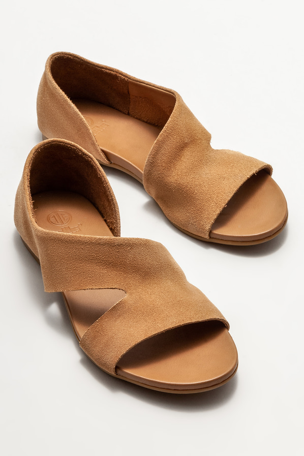 Camel deri düz kadın ayakkabı - Elle Shoes
