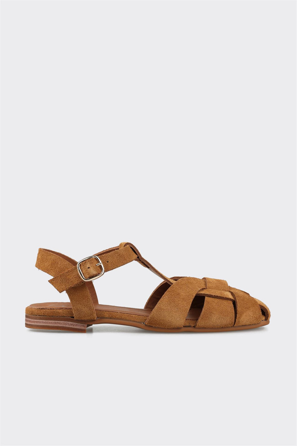 Camel deri düz kadın ayakkabı, rahat kullanım için - Elle Shoes