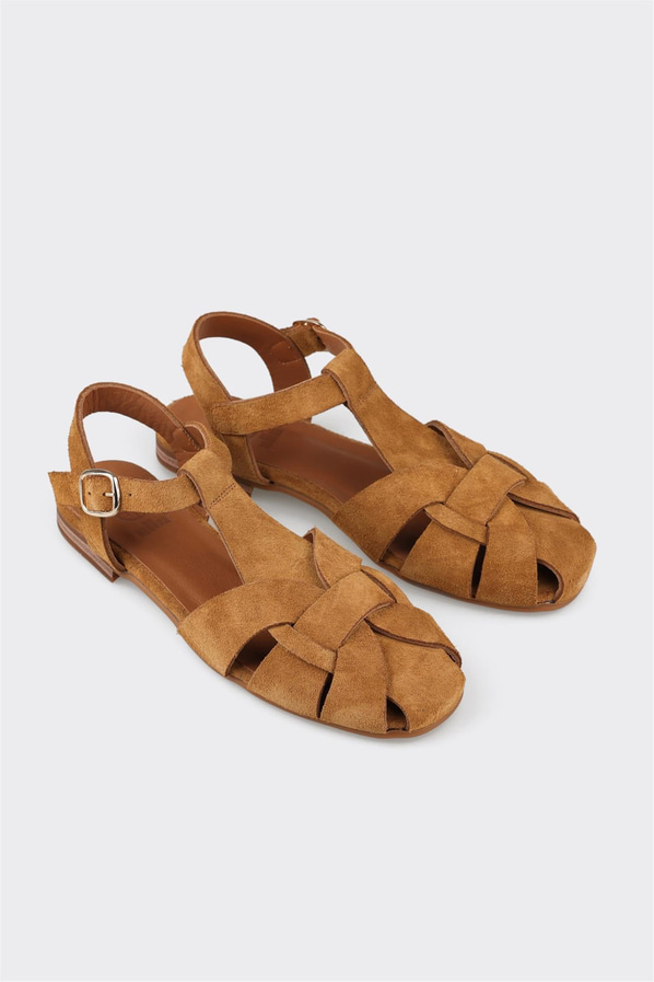 Camel deri düz kadın ayakkabı, rahat kullanım için - Elle Shoes