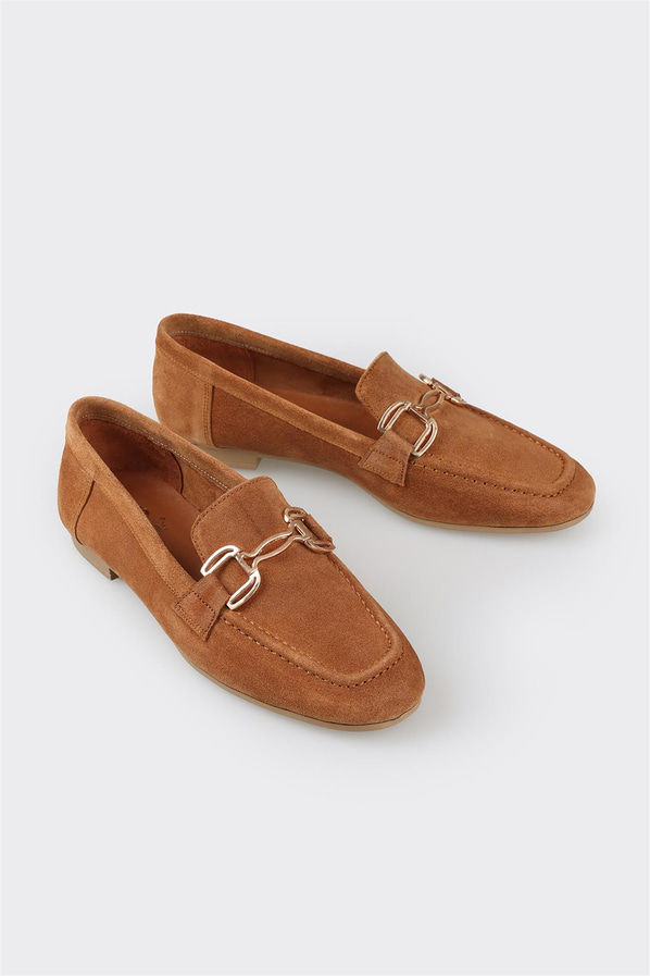 Camel deri ve süet metalik kadın loafer, klasik stil için - Elle Shoes