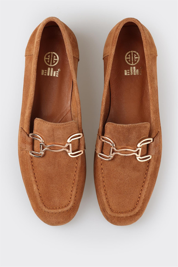Camel deri ve süet metalik kadın loafer, klasik stil için - Elle Shoes