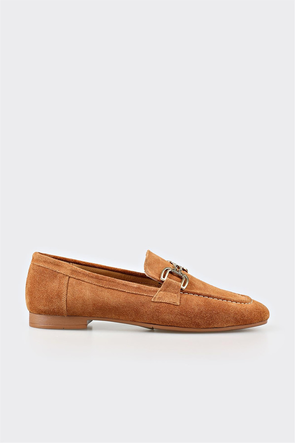 Camel deri ve süet metalik kadın loafer, klasik stil için - Elle Shoes