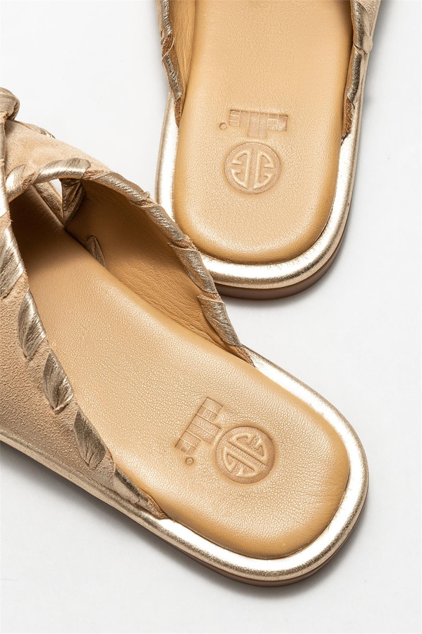 Camel deri kadın düz terlik - Elle Shoes