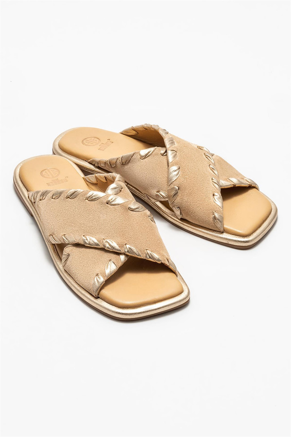 Camel deri kadın düz terlik - Elle Shoes