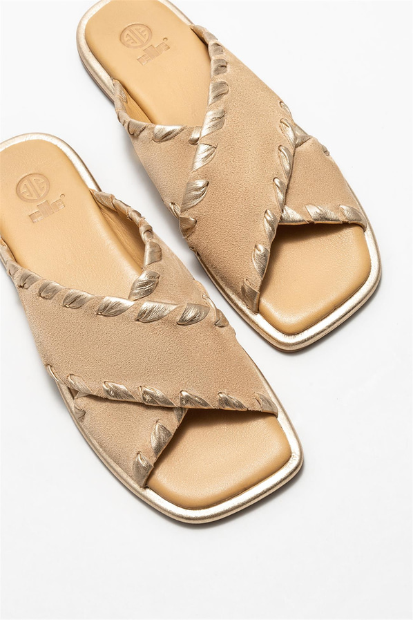 Camel deri kadın düz terlik - Elle Shoes