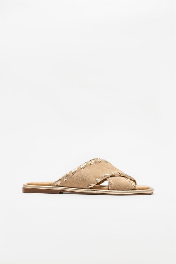 Camel deri kadın düz terlik - Elle Shoes