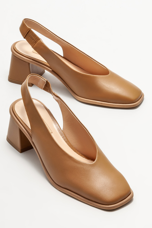 Camel deri topuklu kadın ayakkabı - Elle Shoes