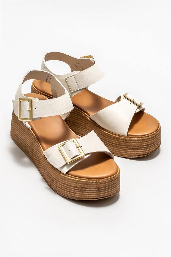 Ekru deri dolgu topuklu kadın sandalet - Elle Shoes