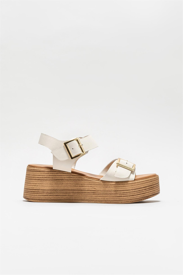 Ekru deri dolgu topuklu kadın sandalet - Elle Shoes
