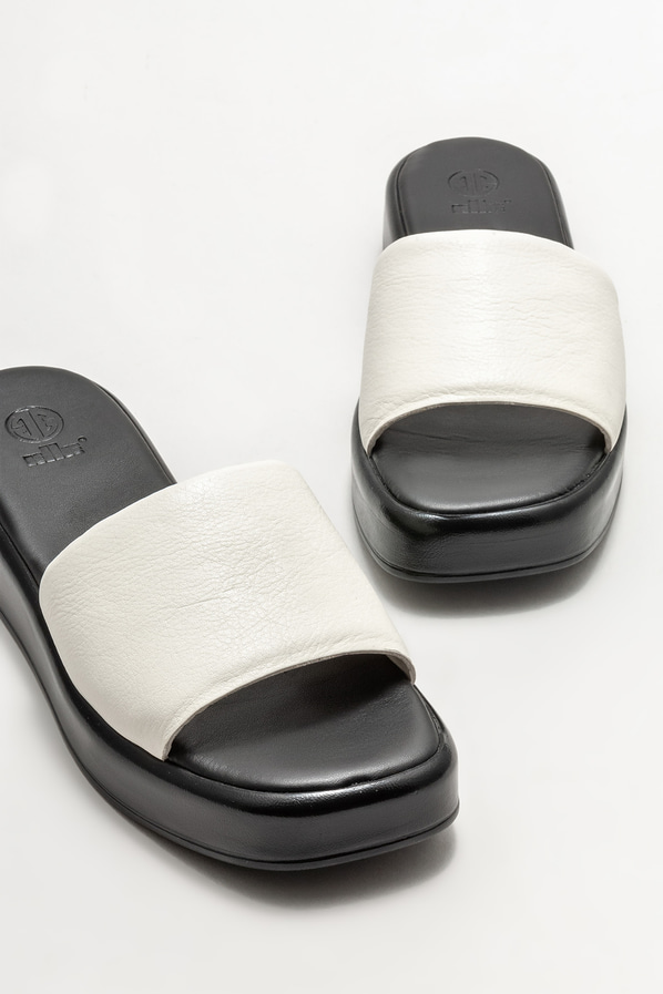 Ekru deri dolgu topuklu kadın terlik - Elle Shoes