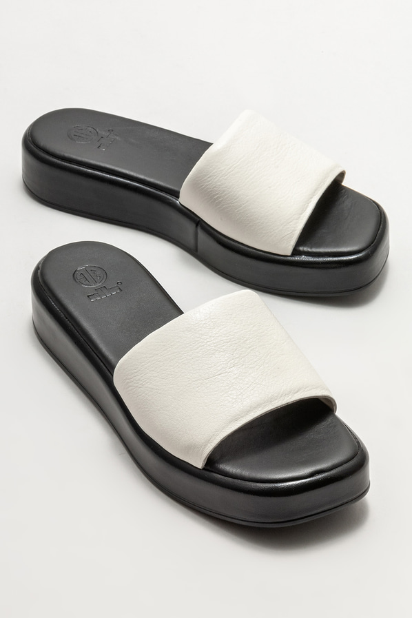 Ekru deri dolgu topuklu kadın terlik - Elle Shoes