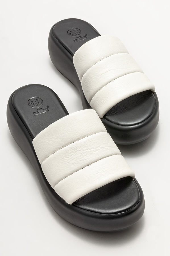 Ekru deri dolgu topuklu kadın terlik - Elle Shoes