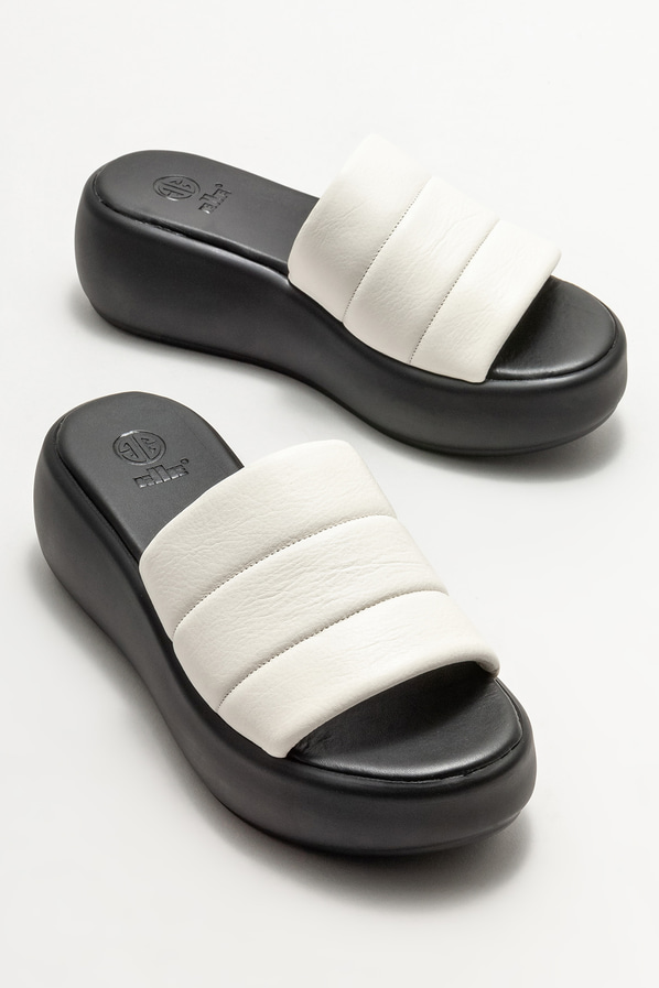 Ekru deri dolgu topuklu kadın terlik - Elle Shoes