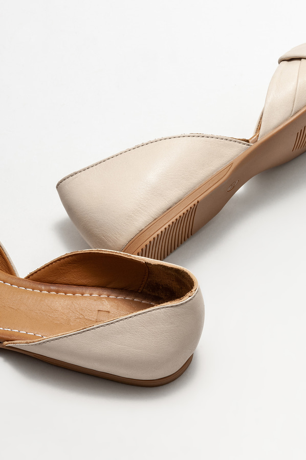 Ekru deri düz kadın ayakkabı - Elle Shoes