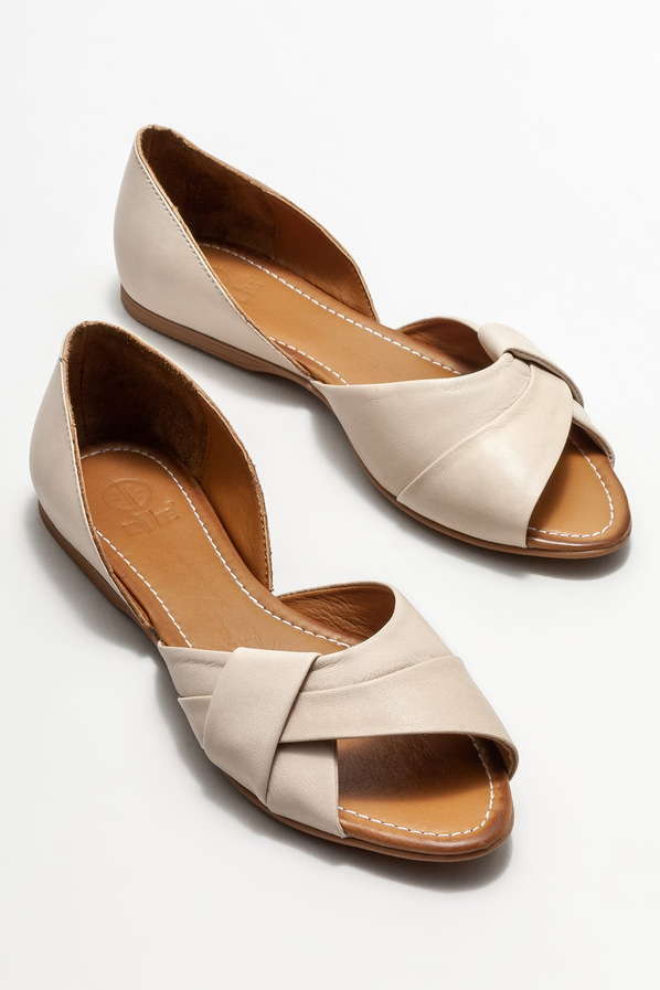 Ekru deri düz kadın ayakkabı - Elle Shoes