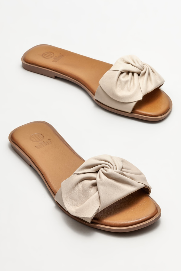 Ekru deri düz kadın terlik - Elle Shoes
