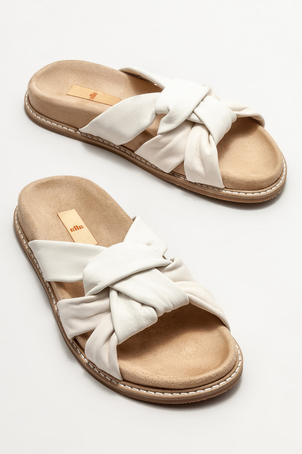 Ekru deri düz kadın terlik - Elle Shoes