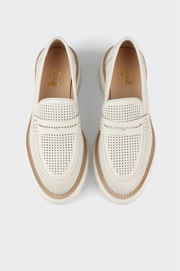 Ekru deri kadın loafer, günlük kullanım için - Elle Shoes