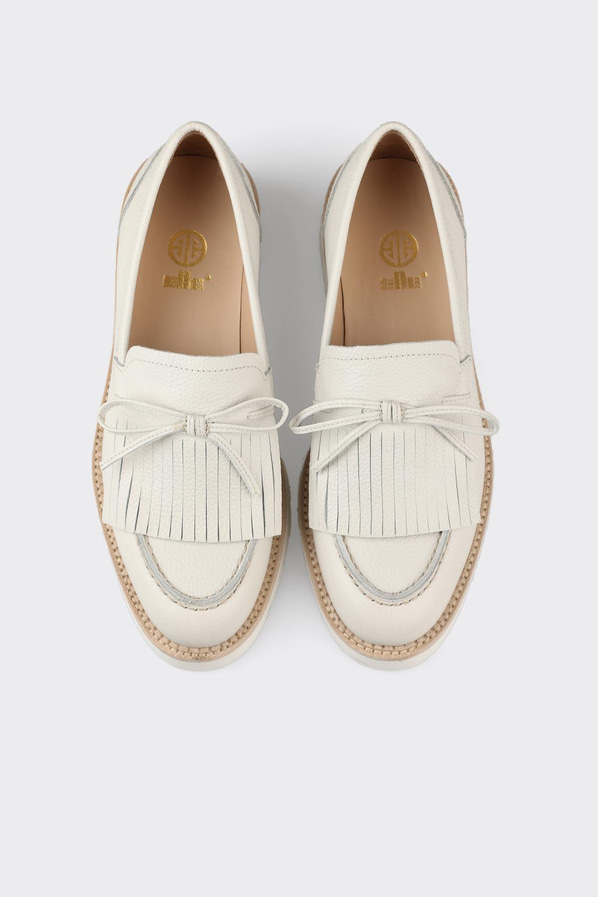 Ekru deri püsküllü kalın tabanlı kadın loafer, günlük kullanım için - Elle Shoes
