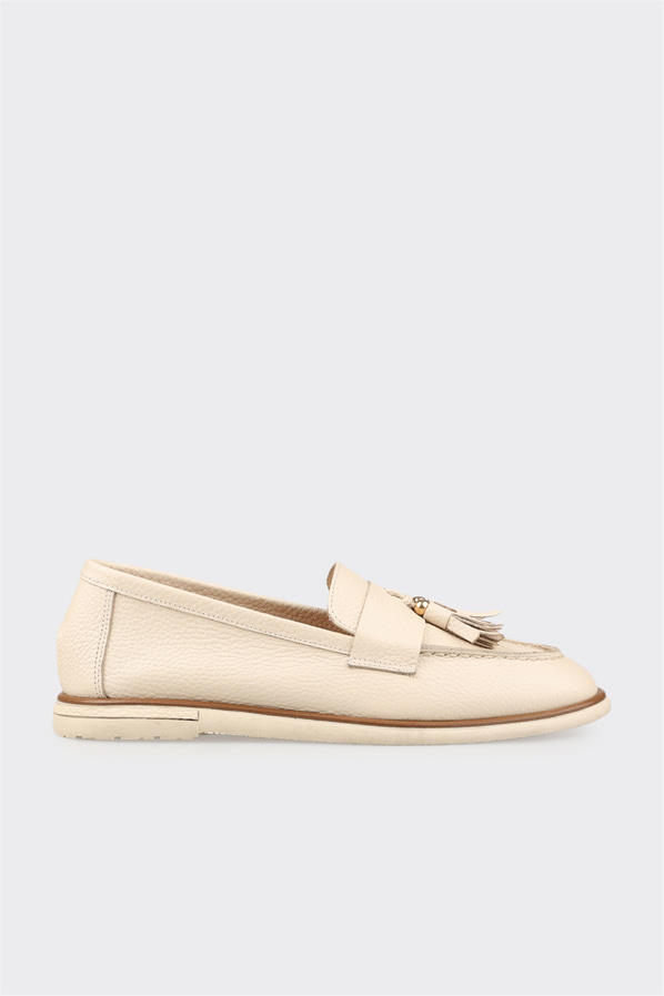 Ekru deri kadın loafer, günlük kullanım için - Elle Shoes