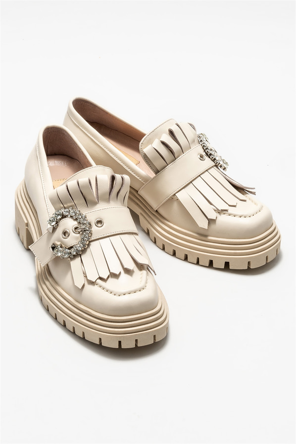 Ekru deri kadın loafer - Elle Shoes