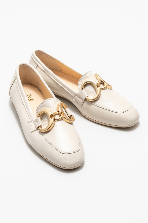 Ekru deri kadın loafer - Elle Shoes