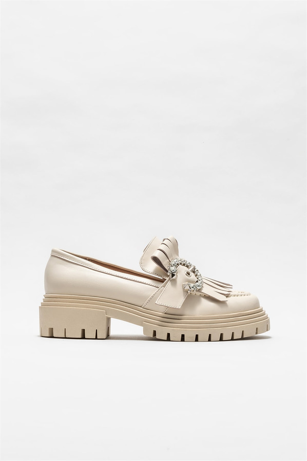 Ekru deri kadın loafer - Elle Shoes