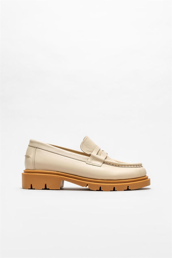 Ekru deri kadın loafer - Elle Shoes
