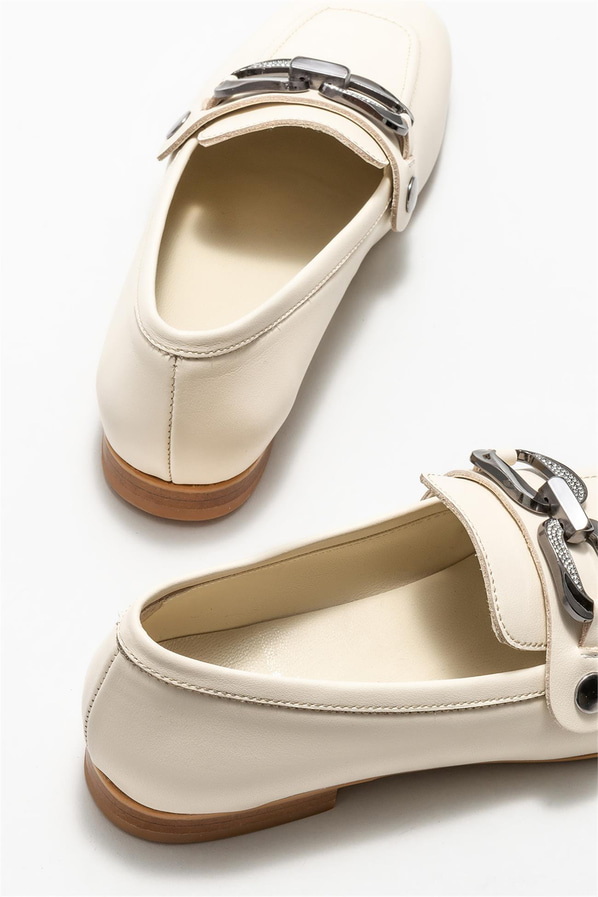 Ekru deri kadın loafer - Elle Shoes