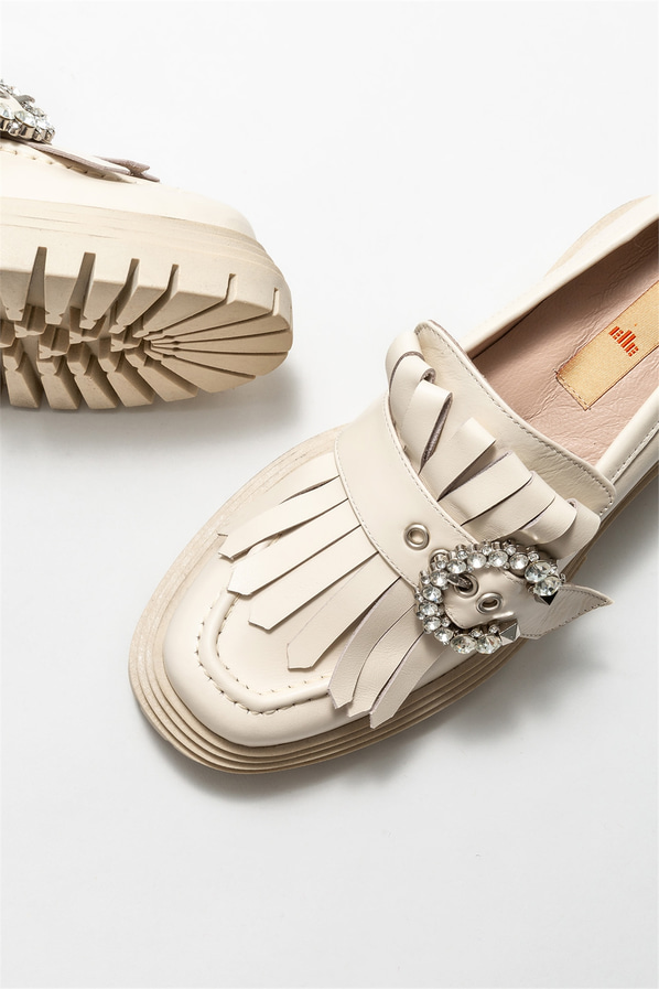 Ekru deri kadın loafer - Elle Shoes