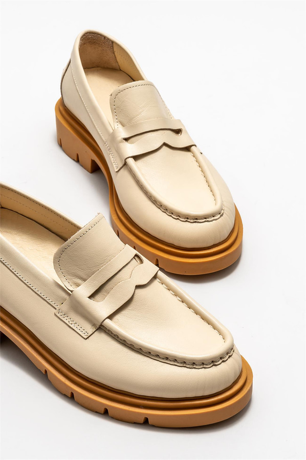Ekru deri kadın loafer - Elle Shoes