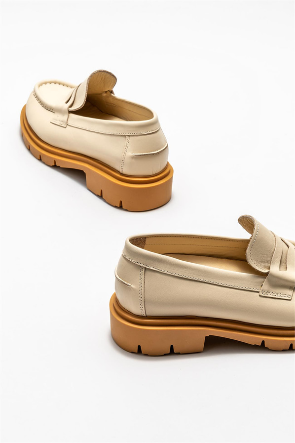 Ekru deri kadın loafer - Elle Shoes