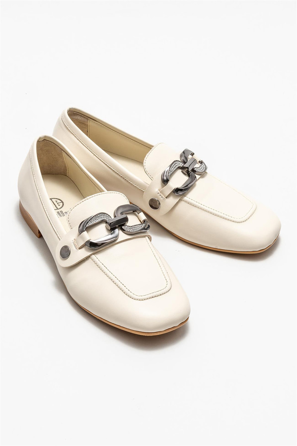 Ekru deri kadın loafer - Elle Shoes