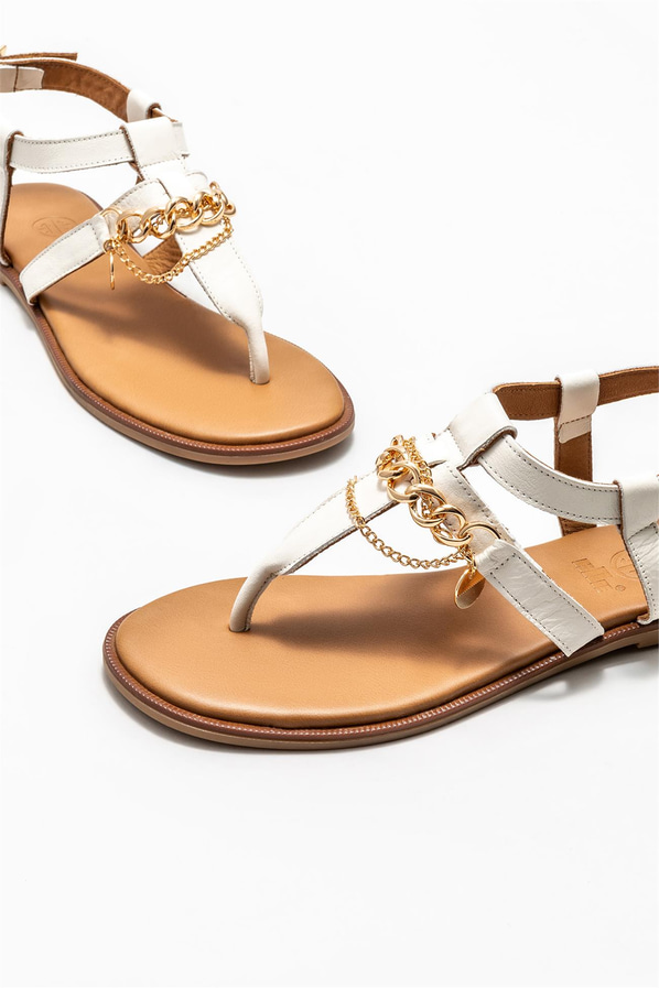 Ekru deri kadın sandalet - Elle Shoes