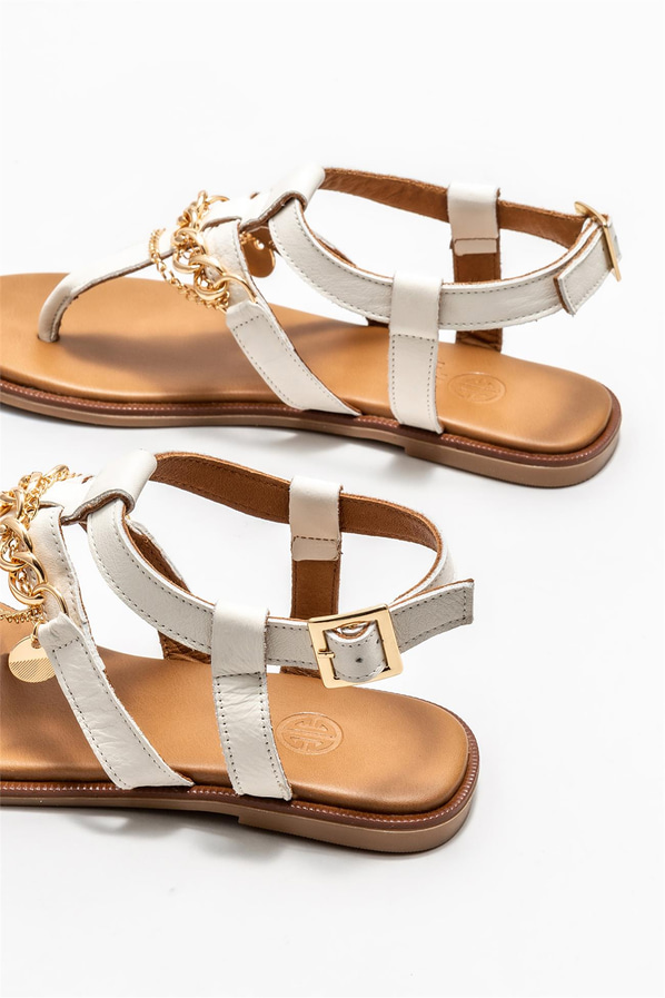 Ekru deri kadın sandalet - Elle Shoes