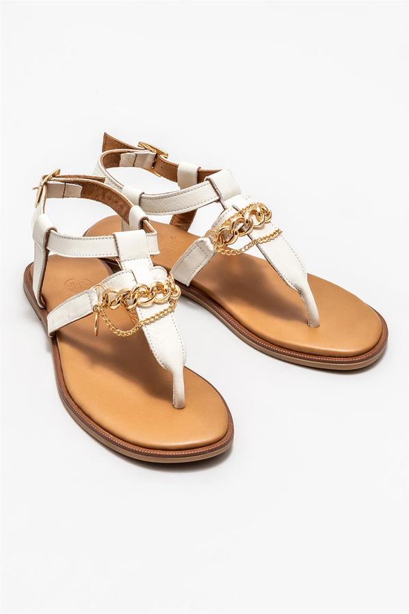 Ekru deri kadın sandalet - Elle Shoes