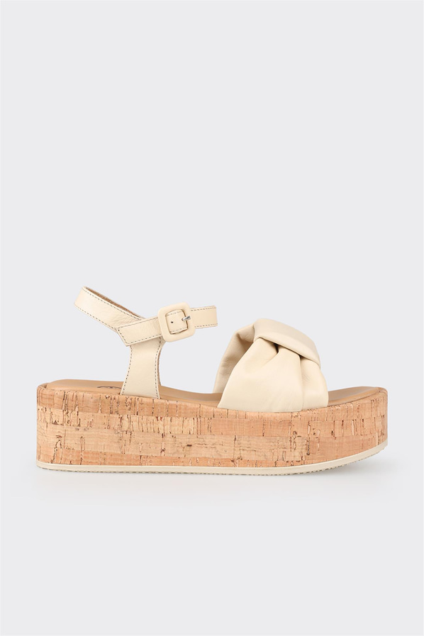 Ekru deri kadın dolgu topuklu sandalet - Elle Shoes
