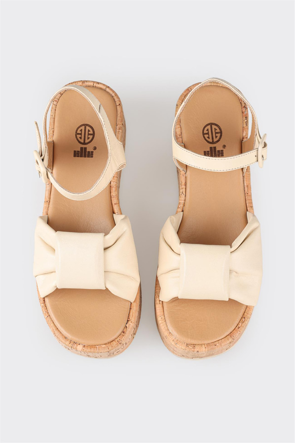 Ekru deri kadın dolgu topuklu sandalet - Elle Shoes