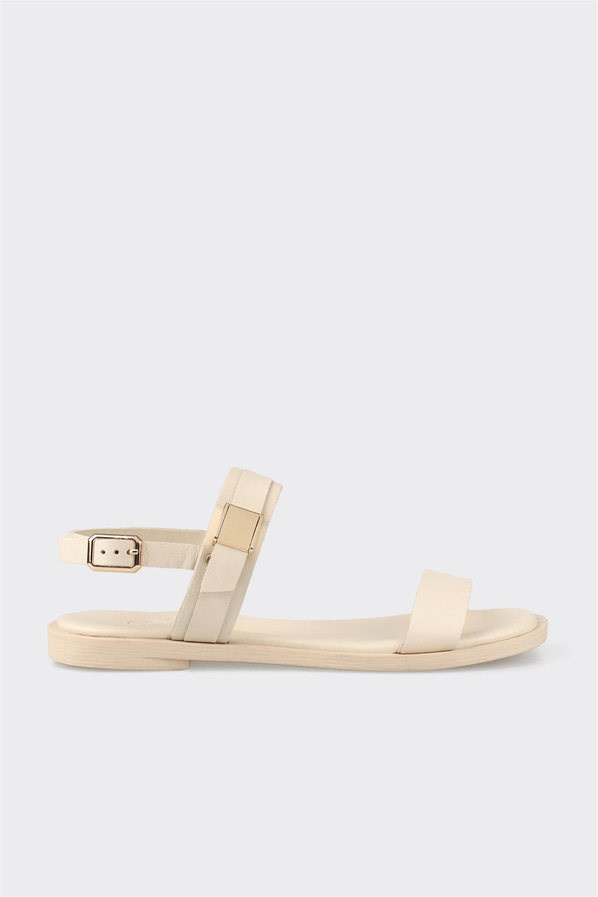 Ekru kahve deri taşlı kadın düz sandalet, rahat kullanım için - Elle Shoes
